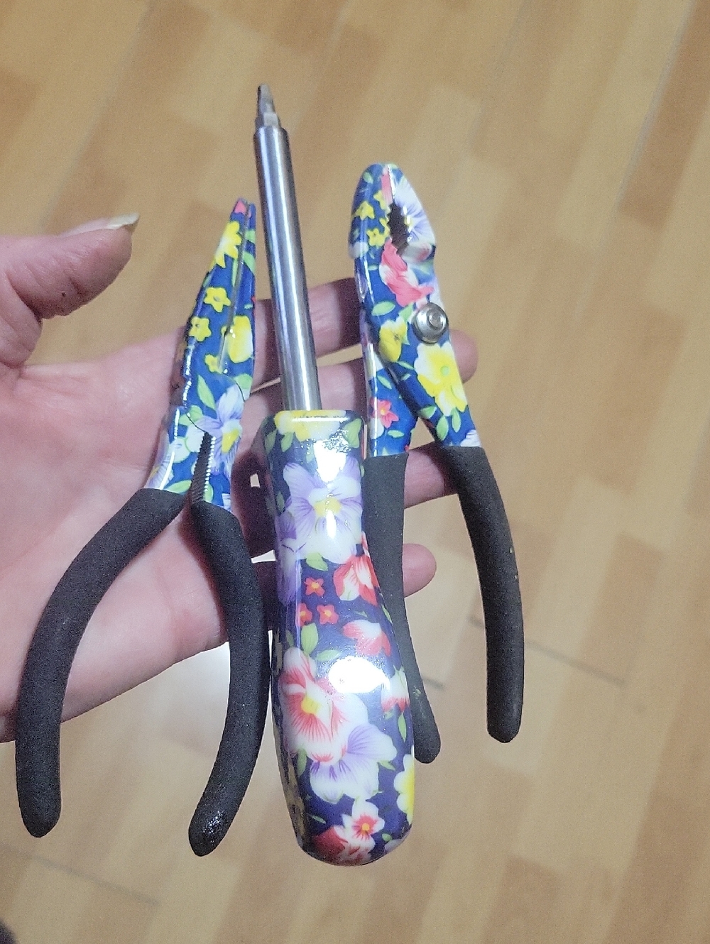 Floral Hand Tool Set - Blue Background with Multicolor Flowers